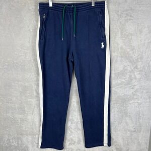 Vintage Y2K Polo Ralph Lauren Navy White Stripe Track Pants Zip Pockets Fleece L